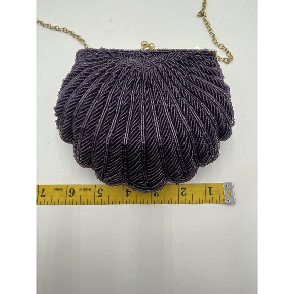 Vintage La Regale Purple Beaded Sequined Clutch Purse Clam Shell Shoulder Bag - Picture 5 of 7